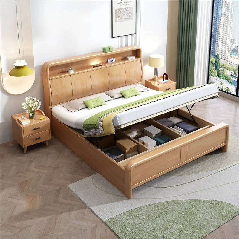 Nordic เตียงไม้เนื้อแข็ง 1.8m ห้องนอนเตียงคู่ 1.5m usb log พร้อมโคมไฟโมเดิร์นสูงกล่อง