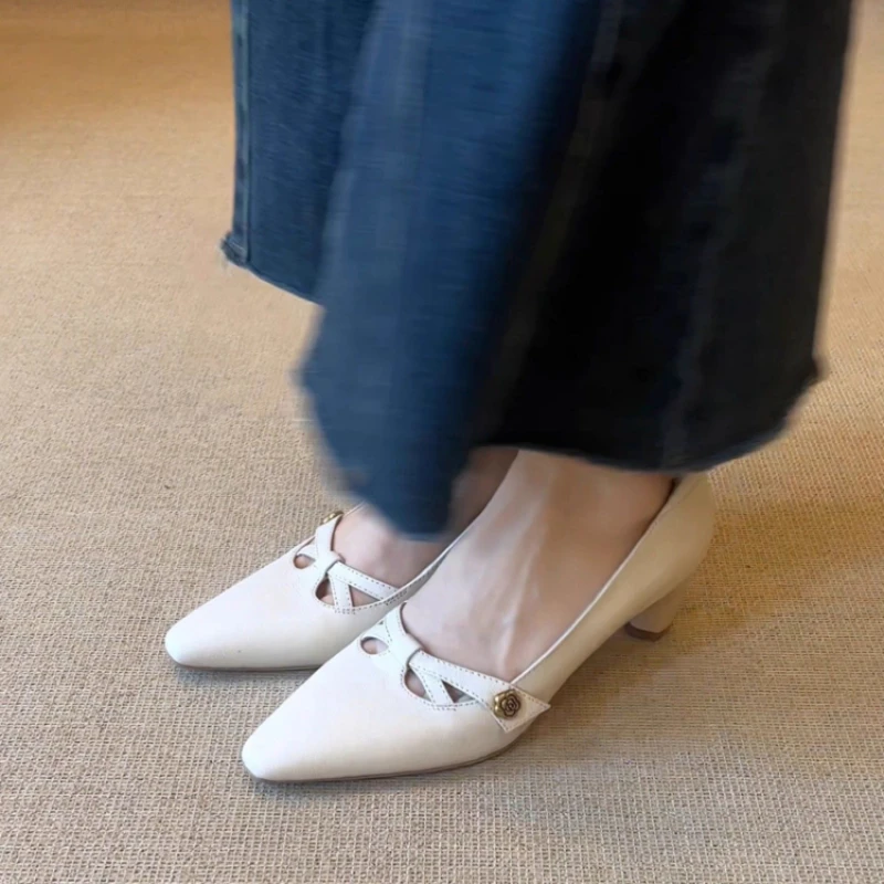 2026 All-Season Women's Crossover Strap Pointed Toe Flats - Chunky Heel Shallow-Cut Elegant Heels,  Versatile Commuter Shoes view 5