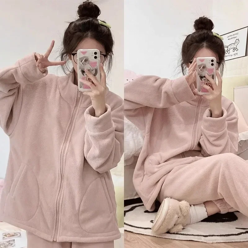 New Style in The Winter Thickening Type Coral Velvet Set Loungewear Can Be Worn Outside Maiden Advanced Solid Color Pajamas