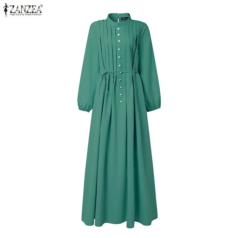 ZANZEA Muslim Hijabis Women's Pintuck Details Maxi Long Dresses Modest Stand Collar Long Sleeve Tie-Waist Islamic Abaya Robes