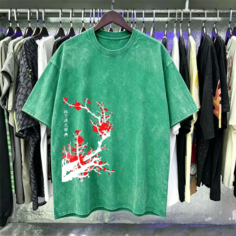 Red Plum Branches Printing Washed T-Shirts Mens Cotton Oversized T Shirt Casual O-Neck Short Sleeve Tops Summer Male Clothes