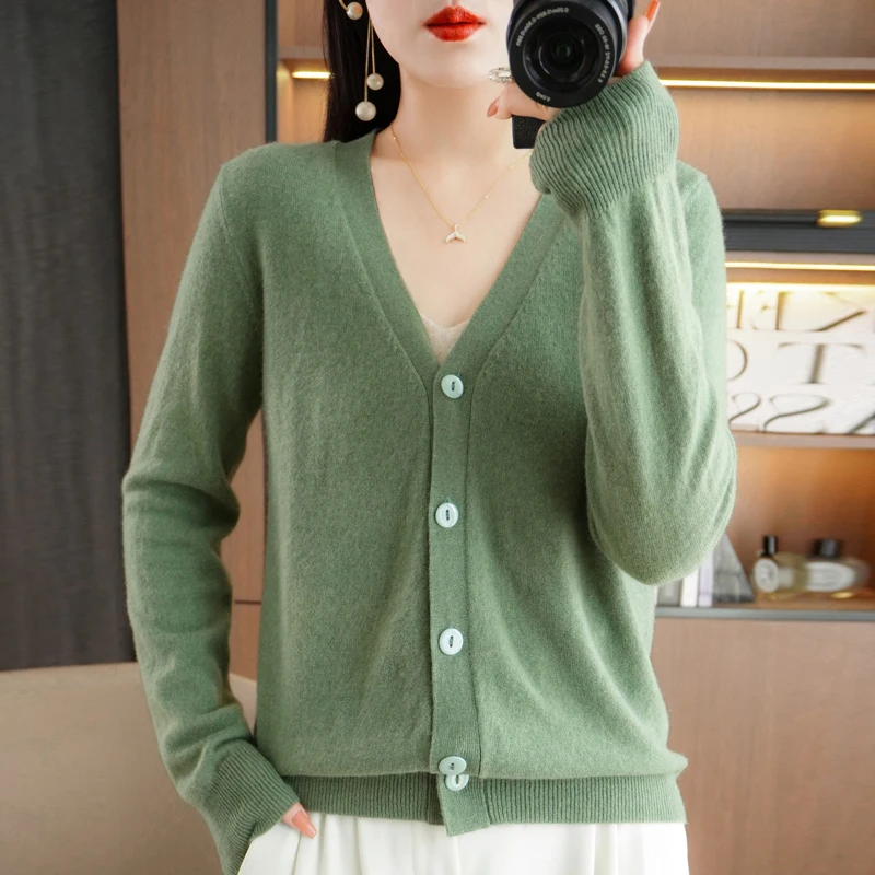 Autumn/Winter New Solid Color Knitwear V-Neck Cardigan Loose Blouse Ladies Clothes Casual Tops Single-Breasted Sweate