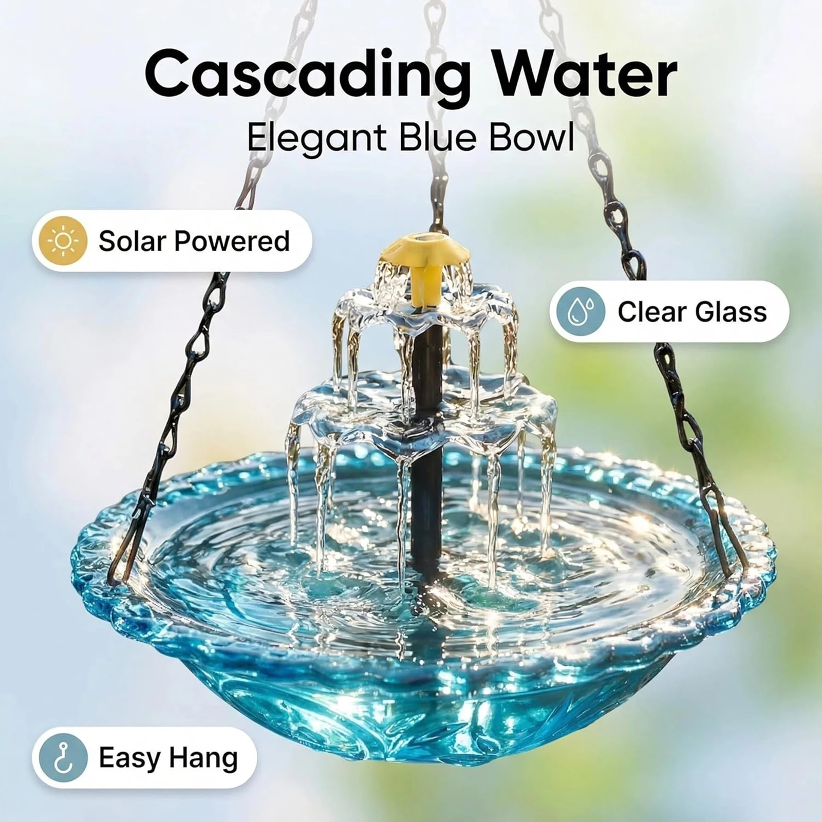 Cascade Hanging Bird Bath Fountain with Solar Pump & Glass Bowl Hummingbird Feeders Solar Wild Birds Bath for Garden & Courtyard