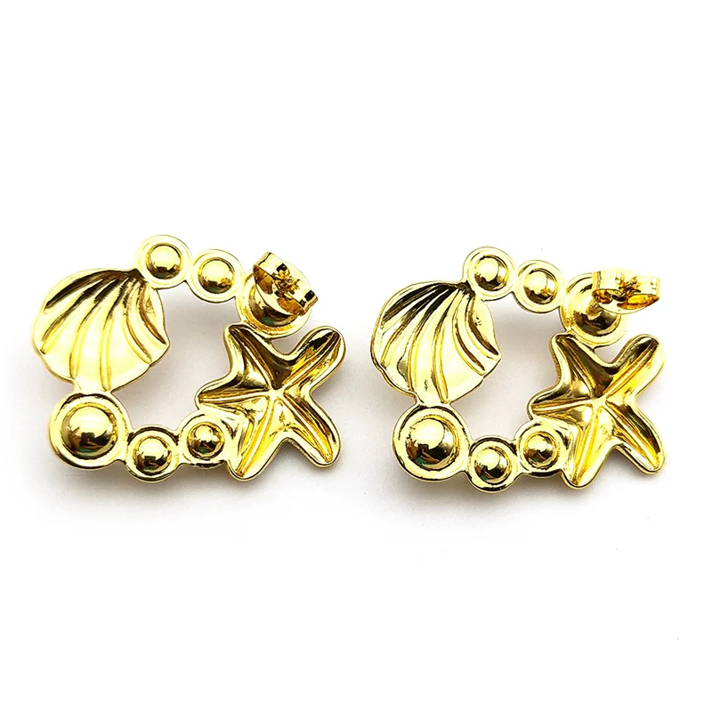 موضة شل نجم البحر وأقراط للنساء الذهب اللون الفولاذ المقاوم للصدأ تقليد اللؤلؤ الصيف الشاطئ هوب أقراط مجوهرات #2