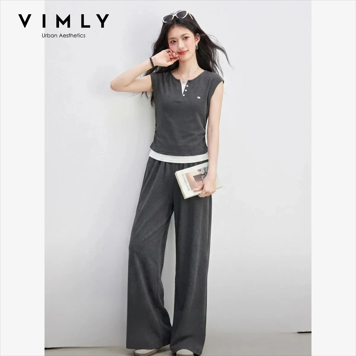VIMLY Casual Commute 2 Piece Set 2026 Summer Fake Two-Piece Ruched T-shirt Elastic Waist Wide Leg Pants Women's Tracksuit A6939
