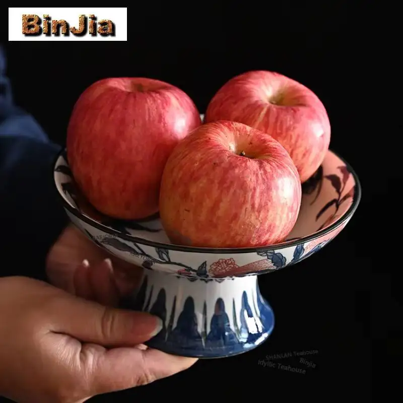 Blue-and-white High-legged Fruit Dishes Zen Pastry Plate Decoration And Table Accessories Household Sharing Plate Ornaments Gift