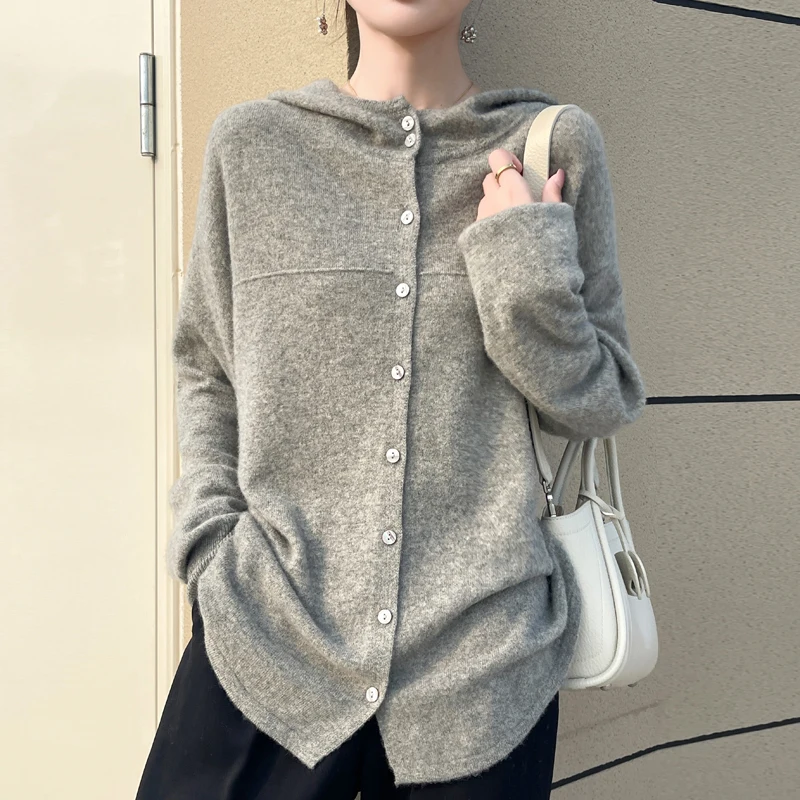 Autumn and winter new women\'s 100% merino wool hooded cardigan O-neck multi-button solid color leisure fashion cashmere sweater