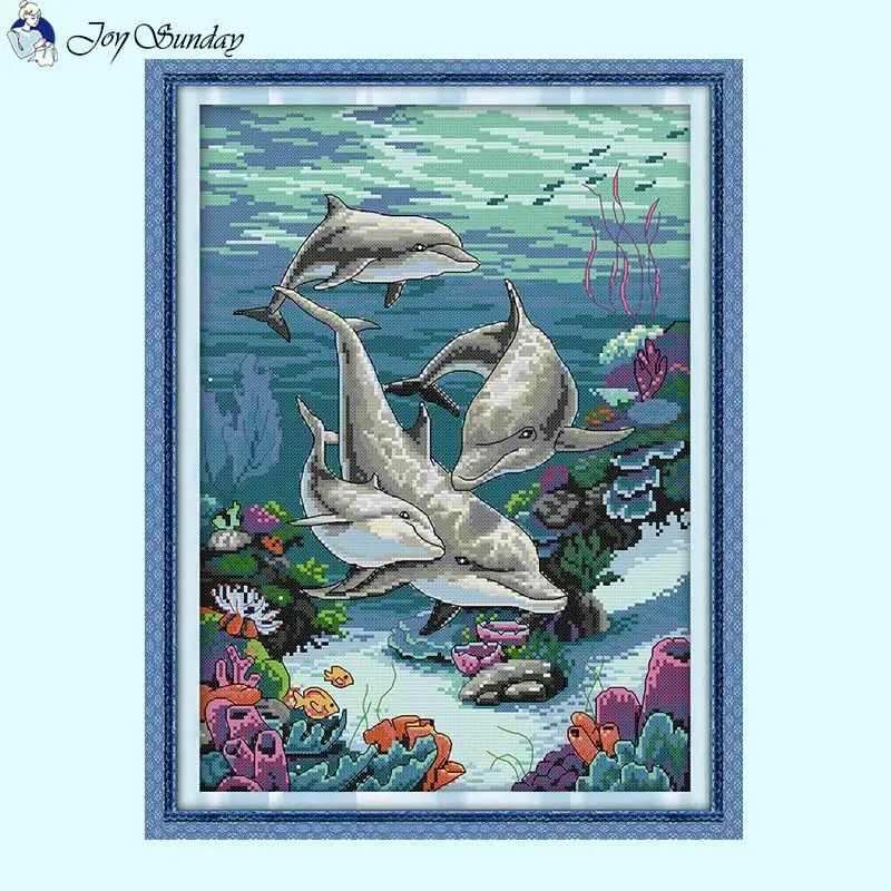 Dolphin Marine Animal Patterns Cross Stitch Kits 14CT White 16CT 11CT Printed Fabric DMC Embroidery Thread Set Home Decor Crafts