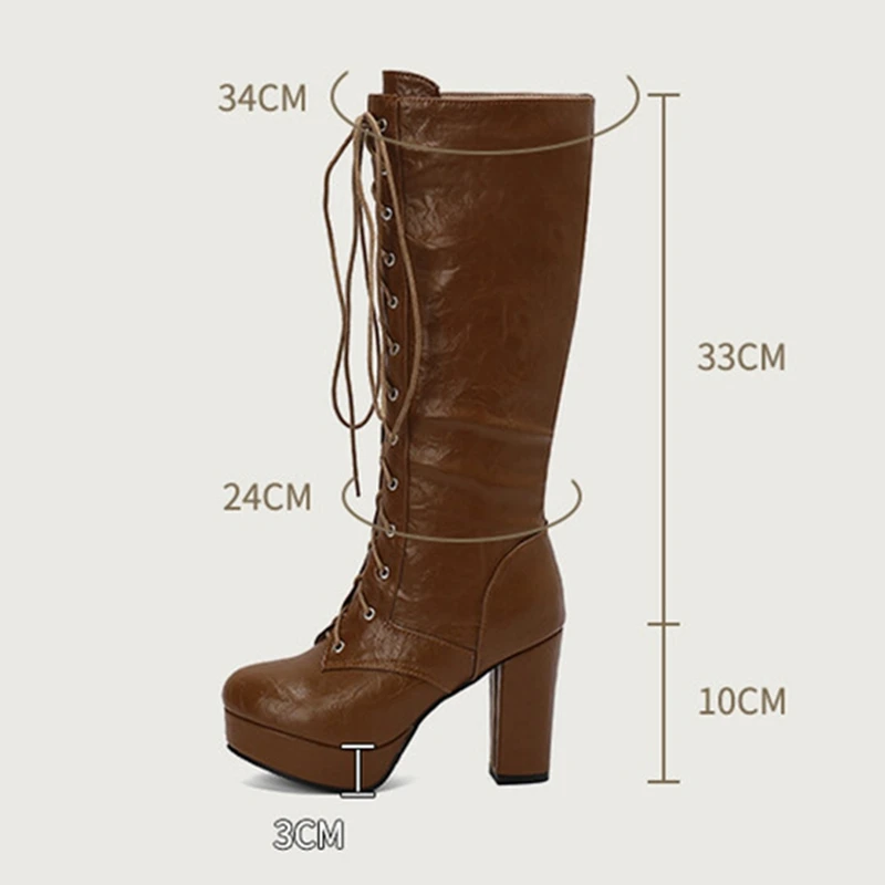 ORCHA LISA جديد خمر المرأة أحذية الركبة جولة تو 10 سنتيمتر كتلة كعب 3 سنتيمتر منصة عبر حزام حجم 48 49 موضة النمط اليومي