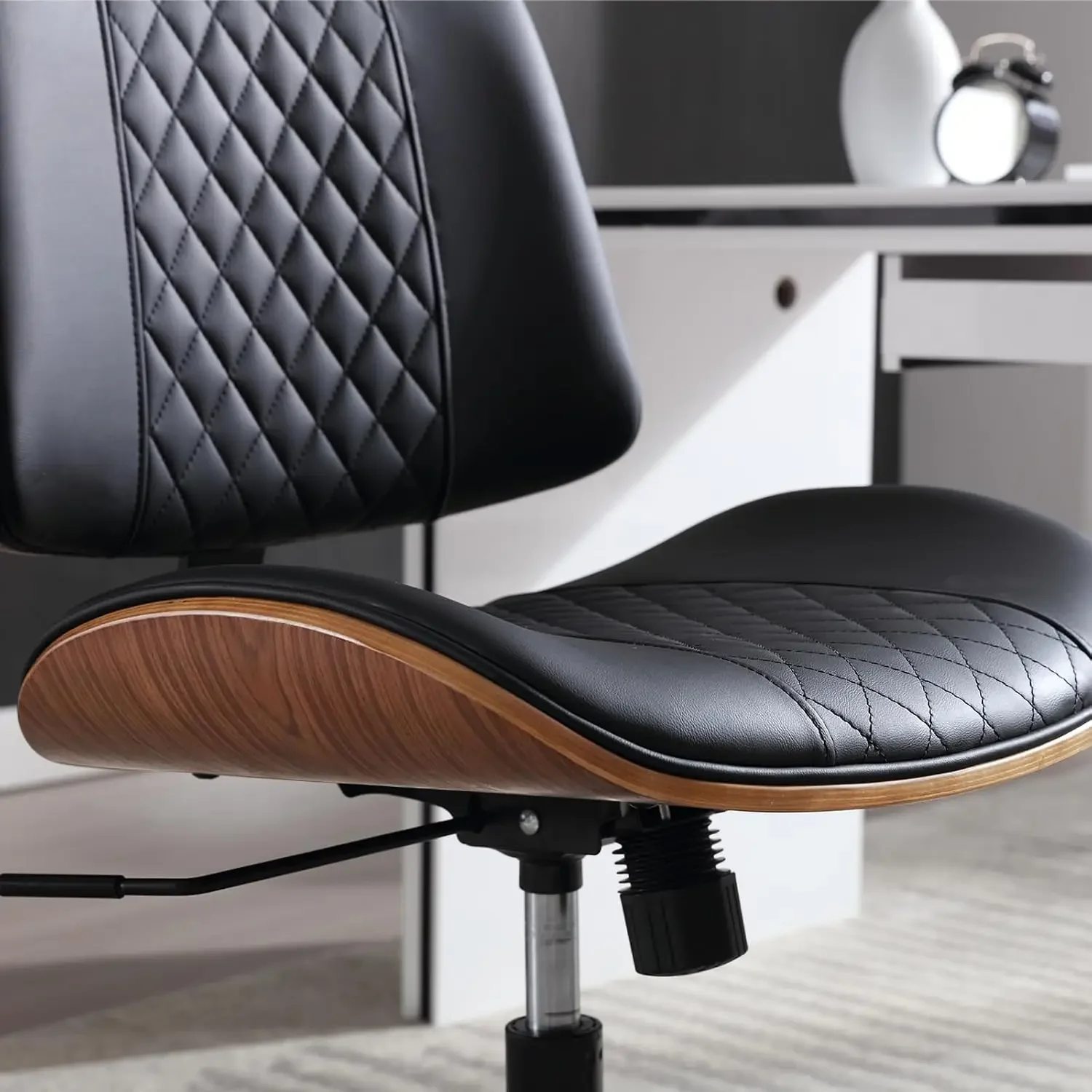 Home Office Chair No Arms with Wheels, Mid Back Walnut Style, Black | Adjustable Height Small Desk Chair, PU Leather Mid Back