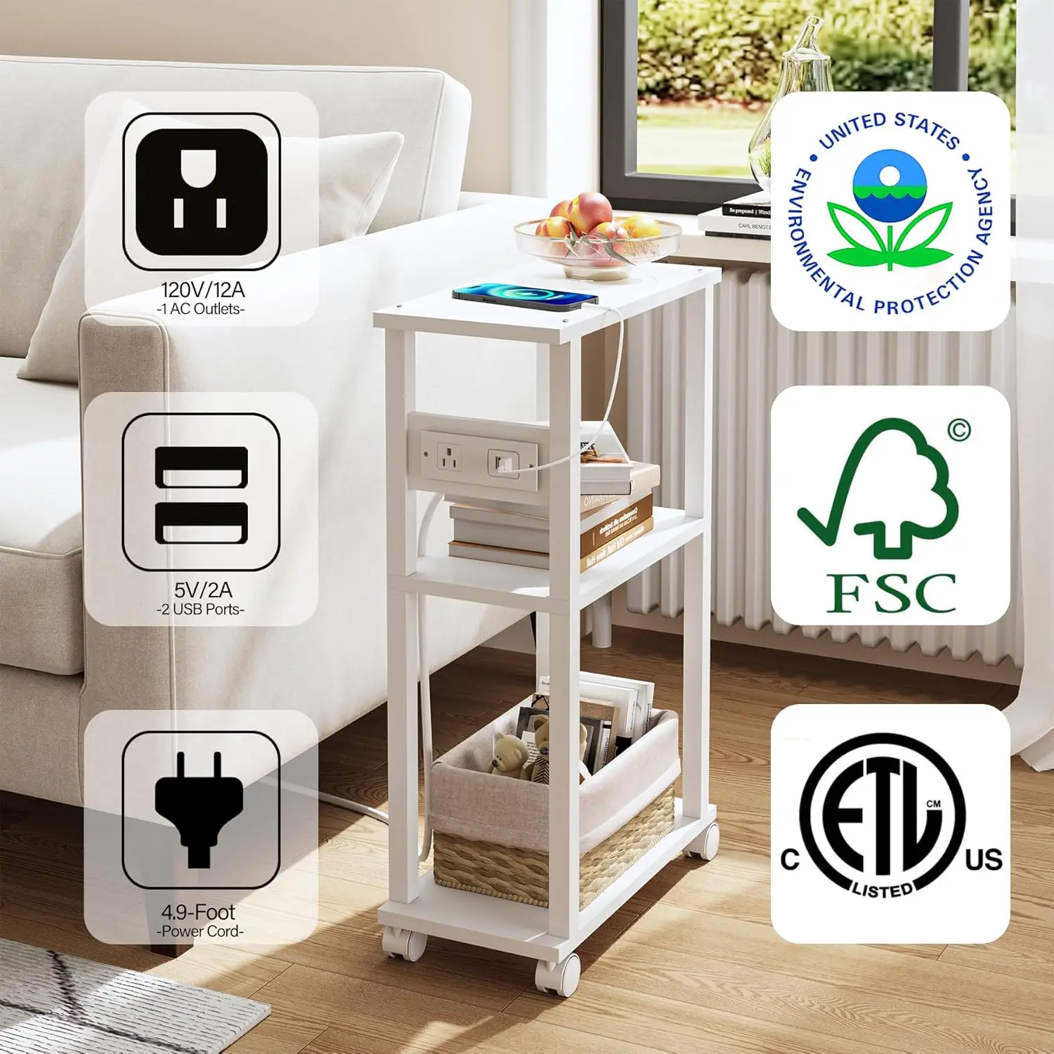 Small Narrow Side Table with Charging Station, Set of 2 Skinny End Table for Small Spaces, Slim Nightstand with USB Ports and