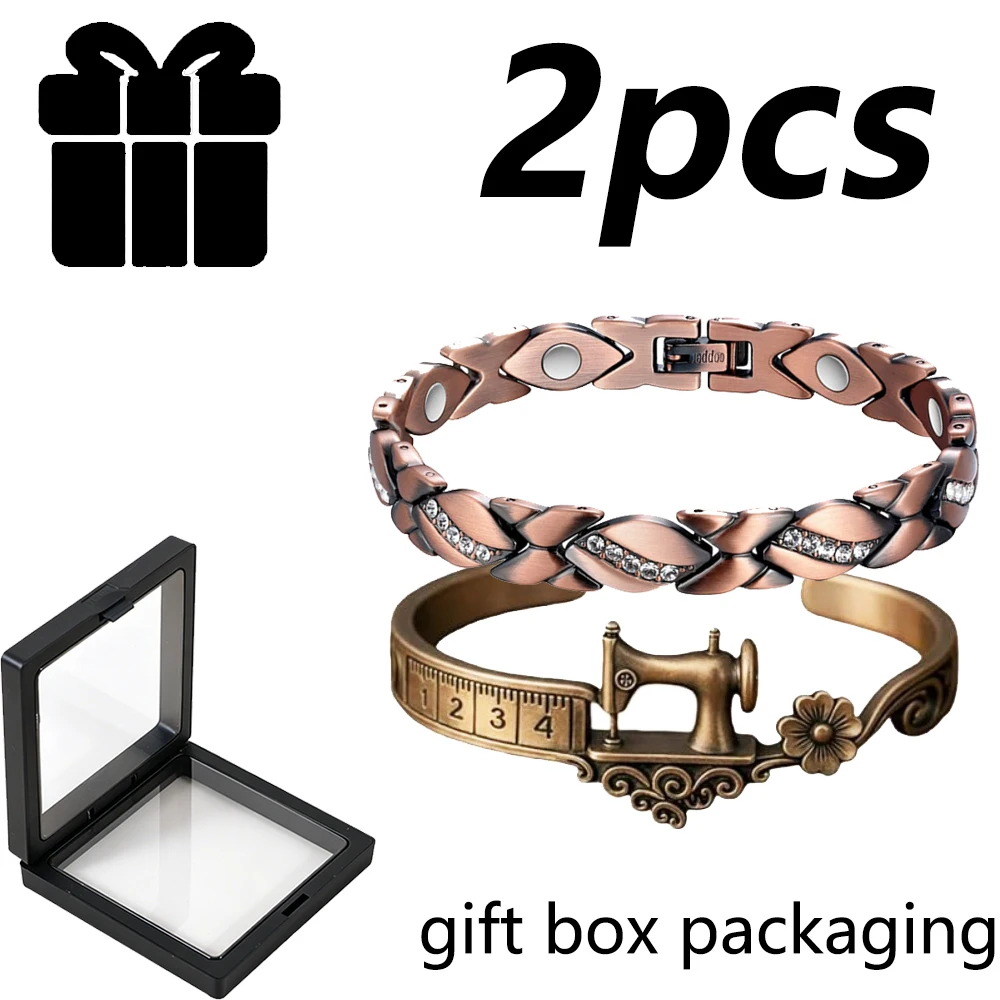 

2Pcs Copper Magnetic Bracelet Set, Women's Health Therapy Link Bangle + Vintage Sewing Machine Cuff Bracelet, Fashion Jewelry Gi