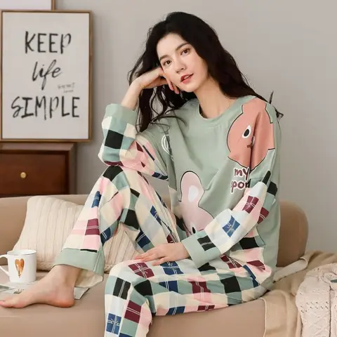 가을, 겨울 여성 정장 잠옷 긴팔 긴 바지 Homewear 투피스 세트 숙녀 만화 패턴 잠옷 Loungewear 가을, 겨울 여성 정장 잠옷 긴팔 긴 바지 Homewear 투피스 세트 숙녀 만화 패턴 잠옷 Loungewear
