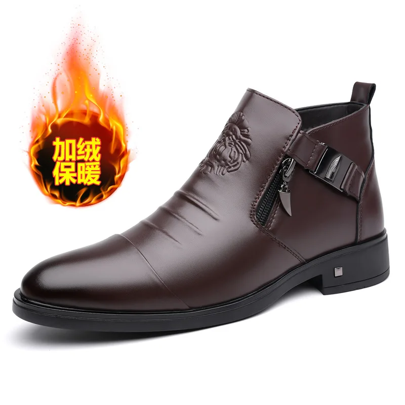 أحذية تشيلسي الشتوية للرجال، أحذية جلدية صوفية جديدة، أحذية جلدية كاجوال ومريحة ودافئة