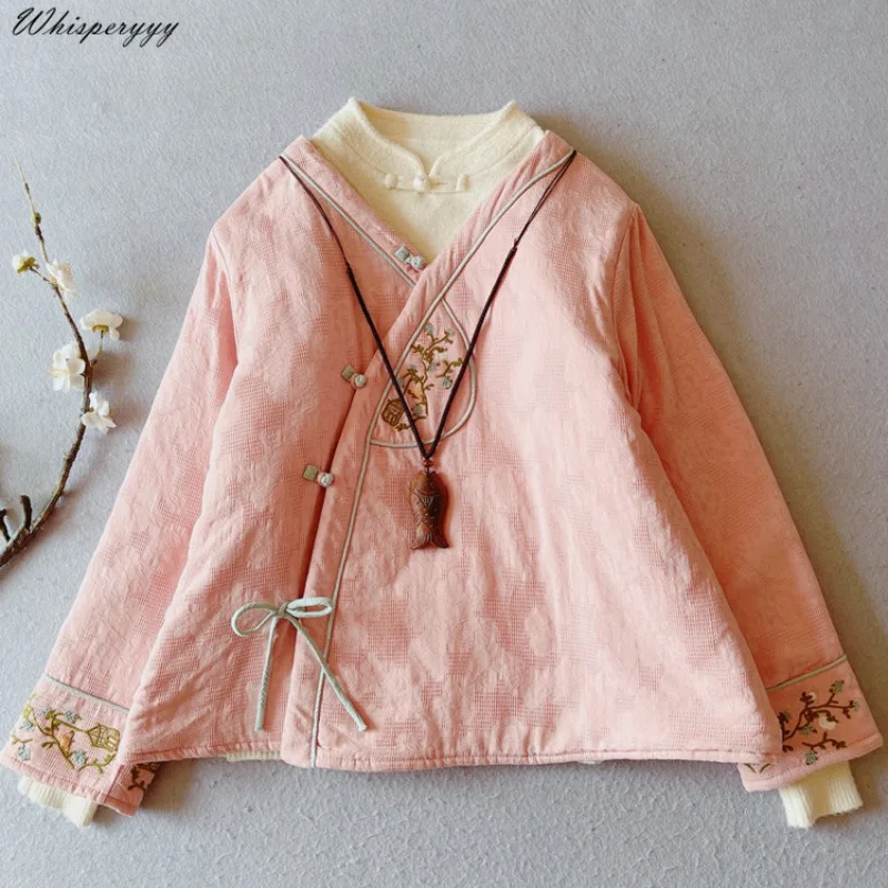 Chinese Style Embroidery Vintage Cotton and Linen Coat Thick Women\'s Winter Clothes Hanfu Tops Ethnic Style Cotton-padded Jacket