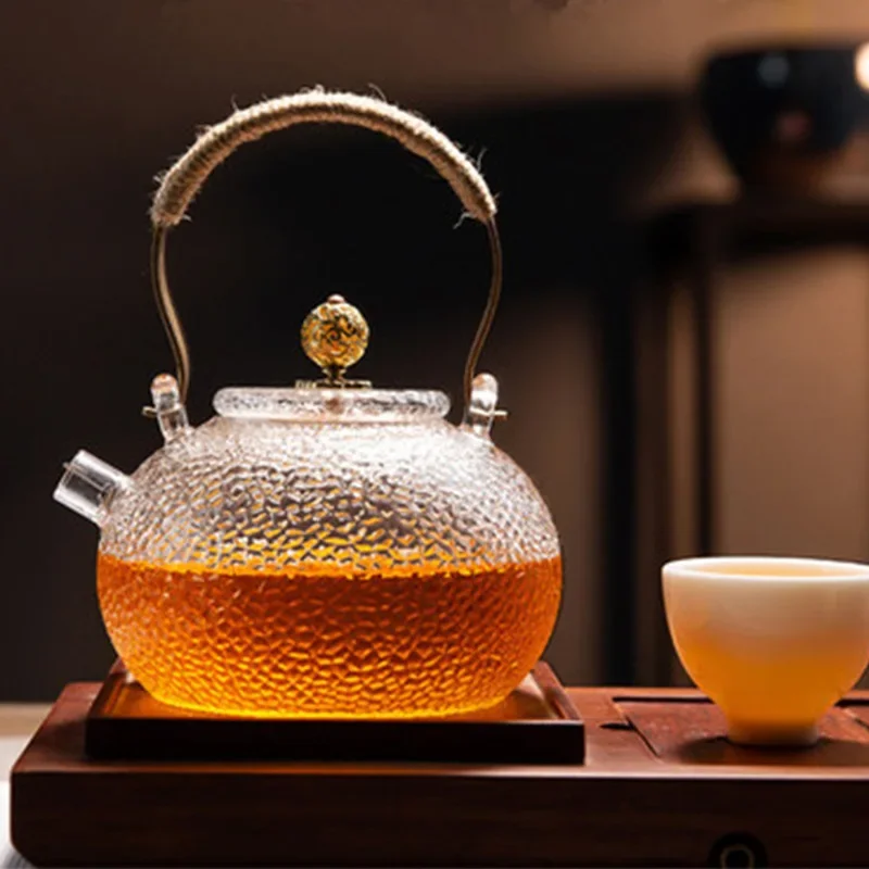 Japanese-style Hammer Pattern High Temperature Resistant Glass Tin Flower Copper Handle Beam Pot Teapot Glass Tea Set