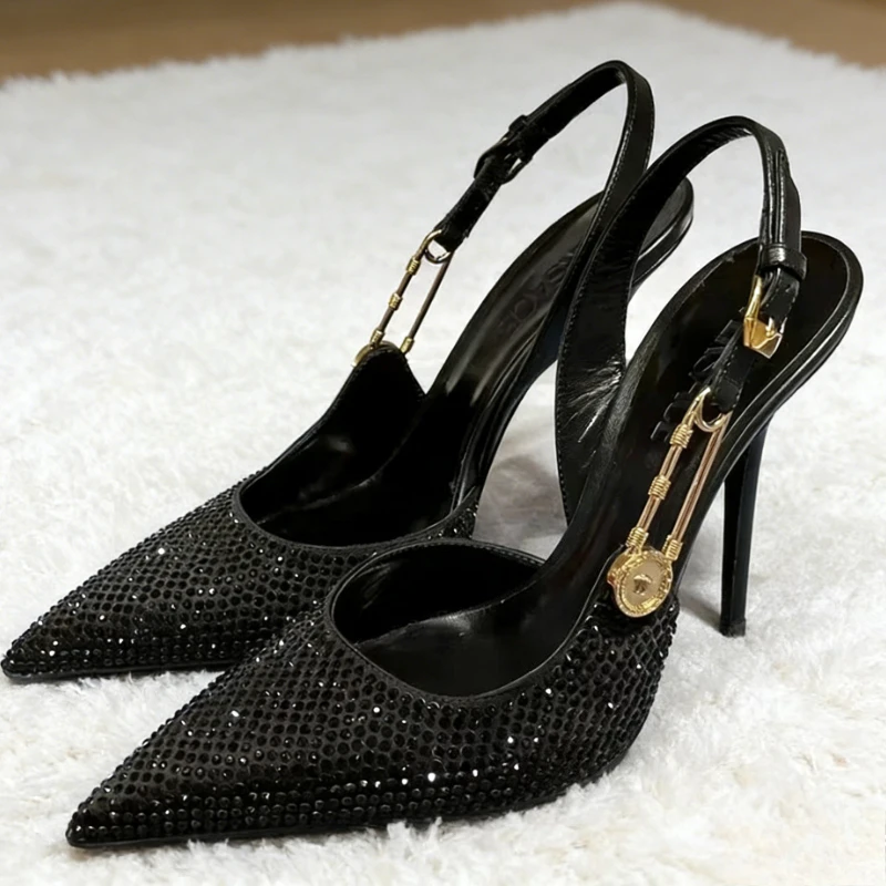 

Luxury Rhinestone Designer High Heels for Ladies Metal Buckle Design Slingback Heeled Sandals Sexy Pointed Toe Dress Shoes Pumps