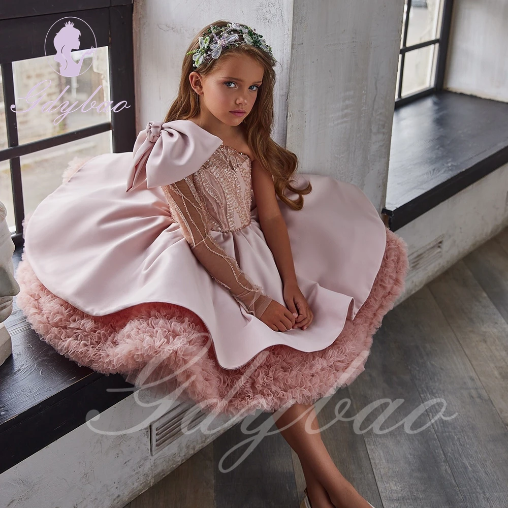 Pink One Shouleder Flower Girl Dresses for Wedding Sequins Satin Kids Little Bride Evening Party First Communion Ball Gowns