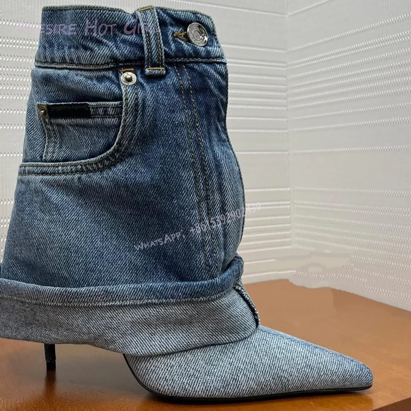 Jeans Patchwork Blue Folding Stiletto Heel Cuff Boots Summer Stiletto Heel Women Button Design Casual Calf Loose Booties Shoes