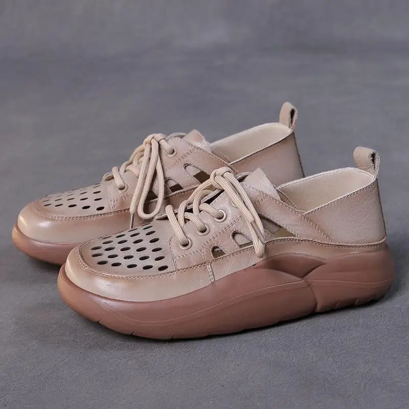 New Summer Women Shoes Vintage Genuine Leather Hollow Muffin Shoes Hole Thick Soled Casual Sandals Breathable Comfort Sneakers