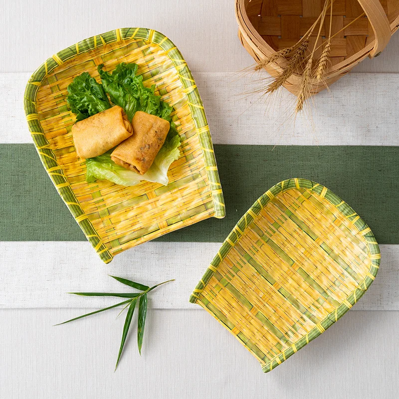 Melamine Porcelain Imitation Tableware Hot Pot Dishes Commercial Bamboo Woven Dishes Irregular Shaped Dim Sum Snack Dishes