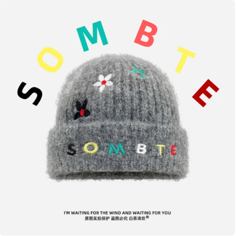 جديد المتخصصة إلكتروني زهرة التطريز البلوز محبوك قبعة للرجال والنساء الخريف والشتاء الاتجاه الشارع الدافئة الجمجمة قبعة قبعات