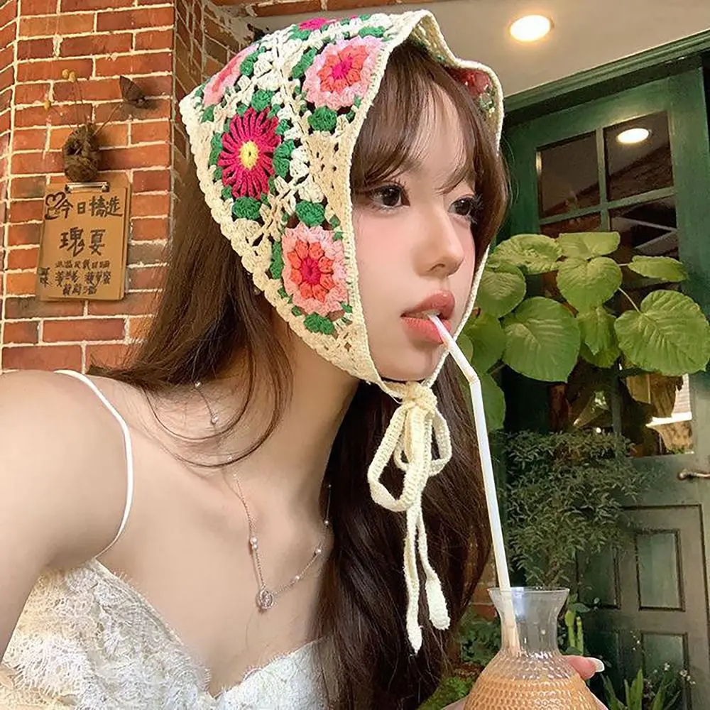 

Cute French Pastoral Style Triangle Headband Knitted Handmade Crochet Headscarf Hat Little Flower Headband Towel Spring Summer