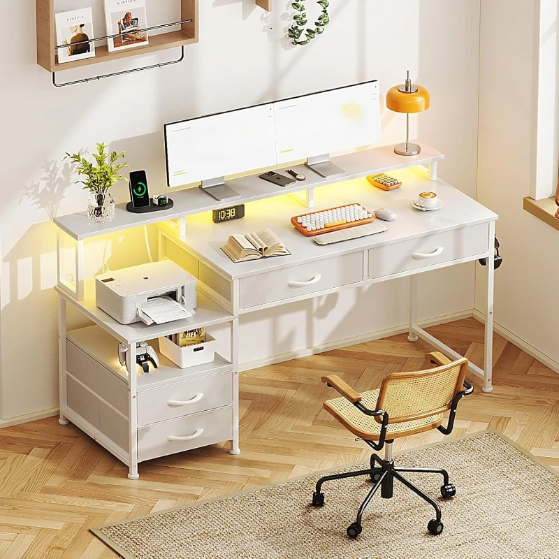 

Four drawer table Reversible home desk with monitor bracket Printer rack Power supply power strip LED light strip