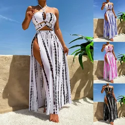 2024 Halter çapraz Bikini Hollow mayo ve plaj elbise 3 parça seksi kadın Bikini takımı yastıklı Beachwear yüzme yaz