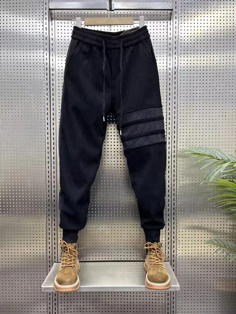 

Мужские вельветовые брюки свободного покроя на подкладке Thiened Fce, осенне-зимние брюки с полосатым дизайном и манжетами на щиколотке