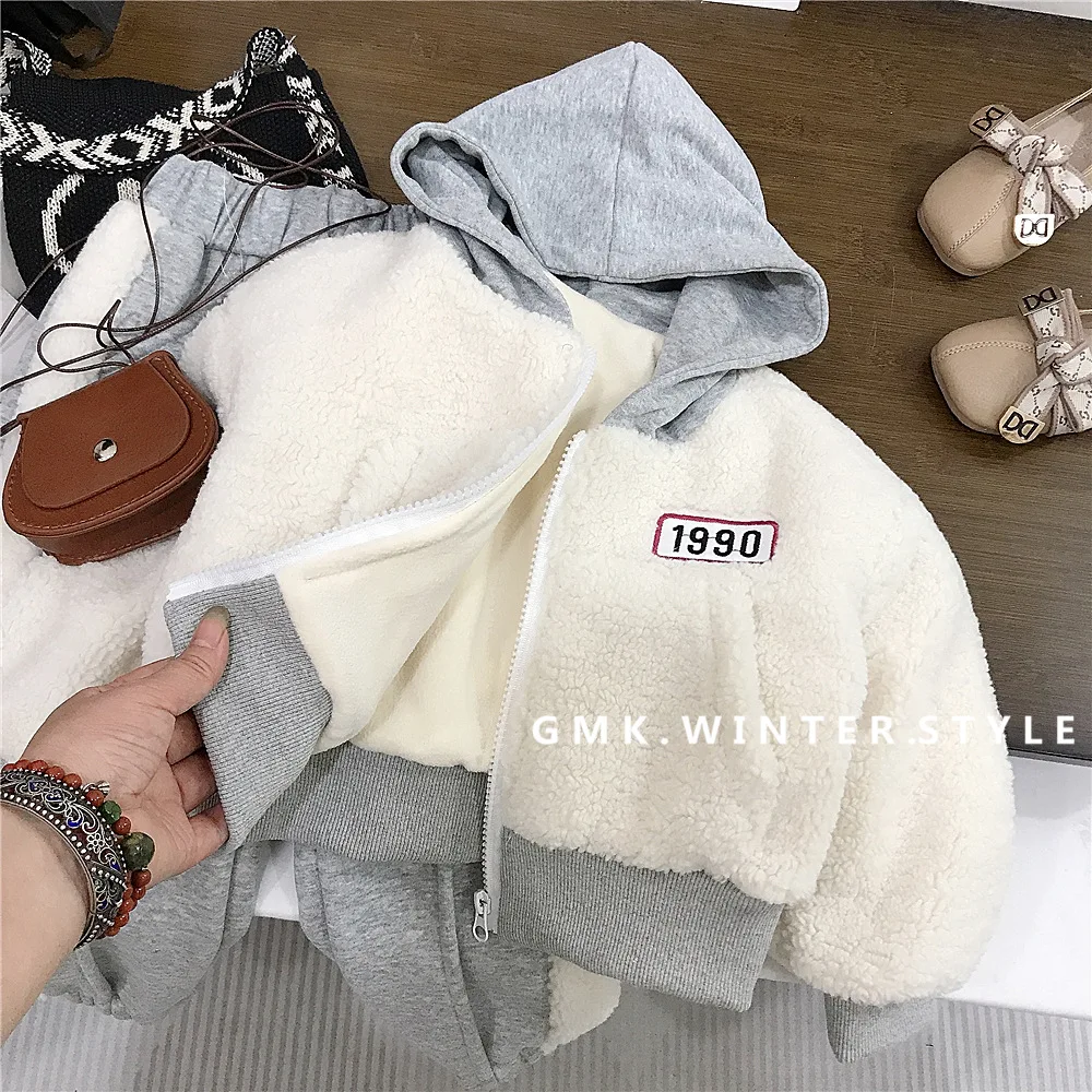 

Autumn Winter Children Girl 2PCS Clothes Set Letter Printed Fleece Zipper Hooded Coat Thick Spliced Jogger Pant Baby Girl Outfit