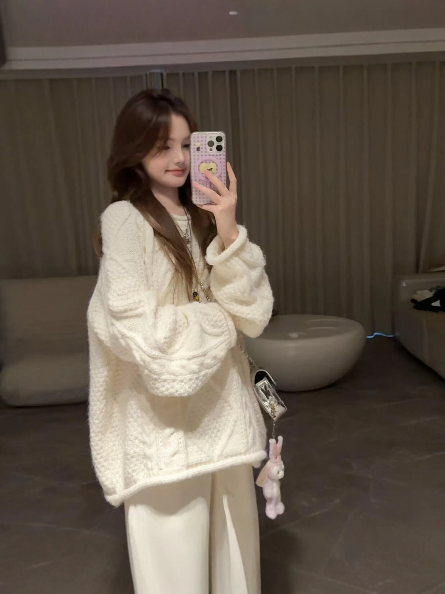 Loose Fit Long Sleeve Knitted Sweater Women's Autumn Winter Style round Neck Lazy Knot Design Casual Slimming Overhead Top