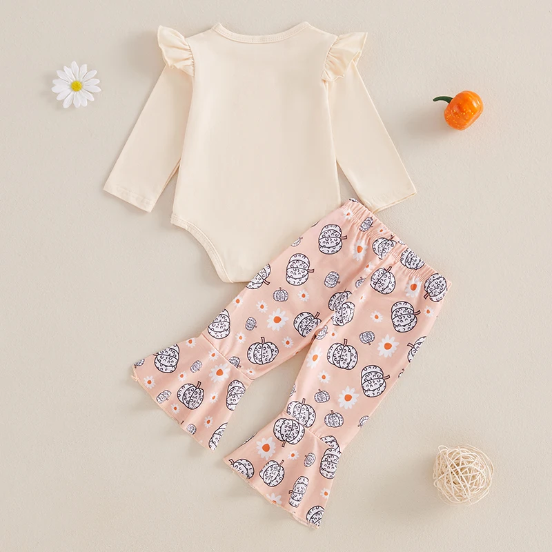 Toddler Infant Baby Girl Halloween Outfits Letter Print Long Sleeve Romper + Pumpkin/Ghost Pattern Flare Pants + Headband Set