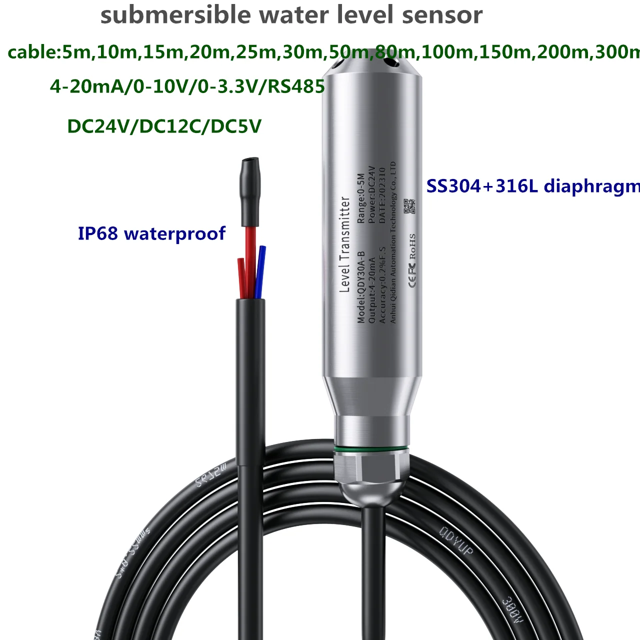 

Submersible water level Transmitter 5m 10m 50m 100m 300m cable 4-20mA 0-10V ss304 liquid pressure Transmitter