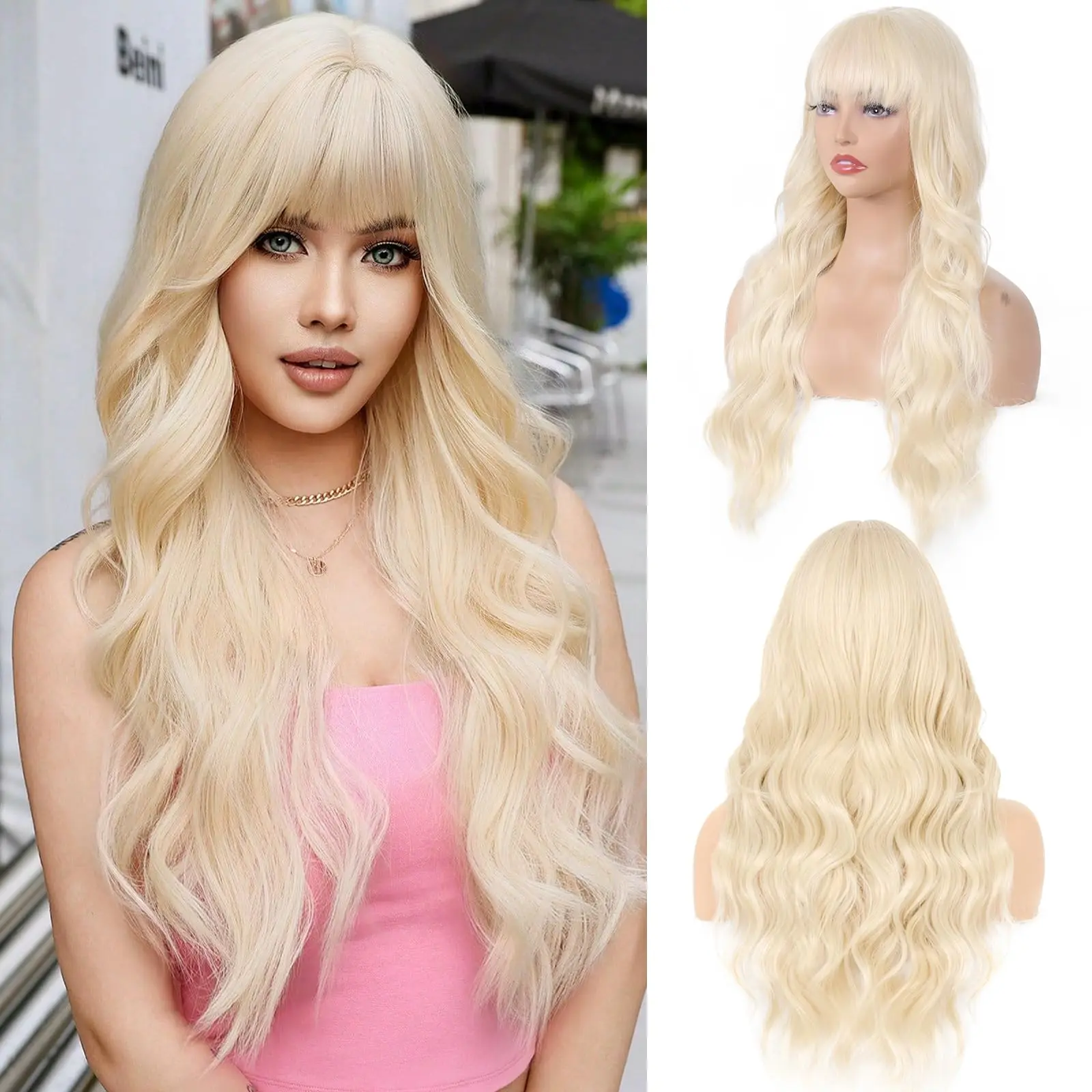 

Golden synthetic wig with big waves for Halloween party, Cosplay wig for everyday party, high-temperature silk wig headband