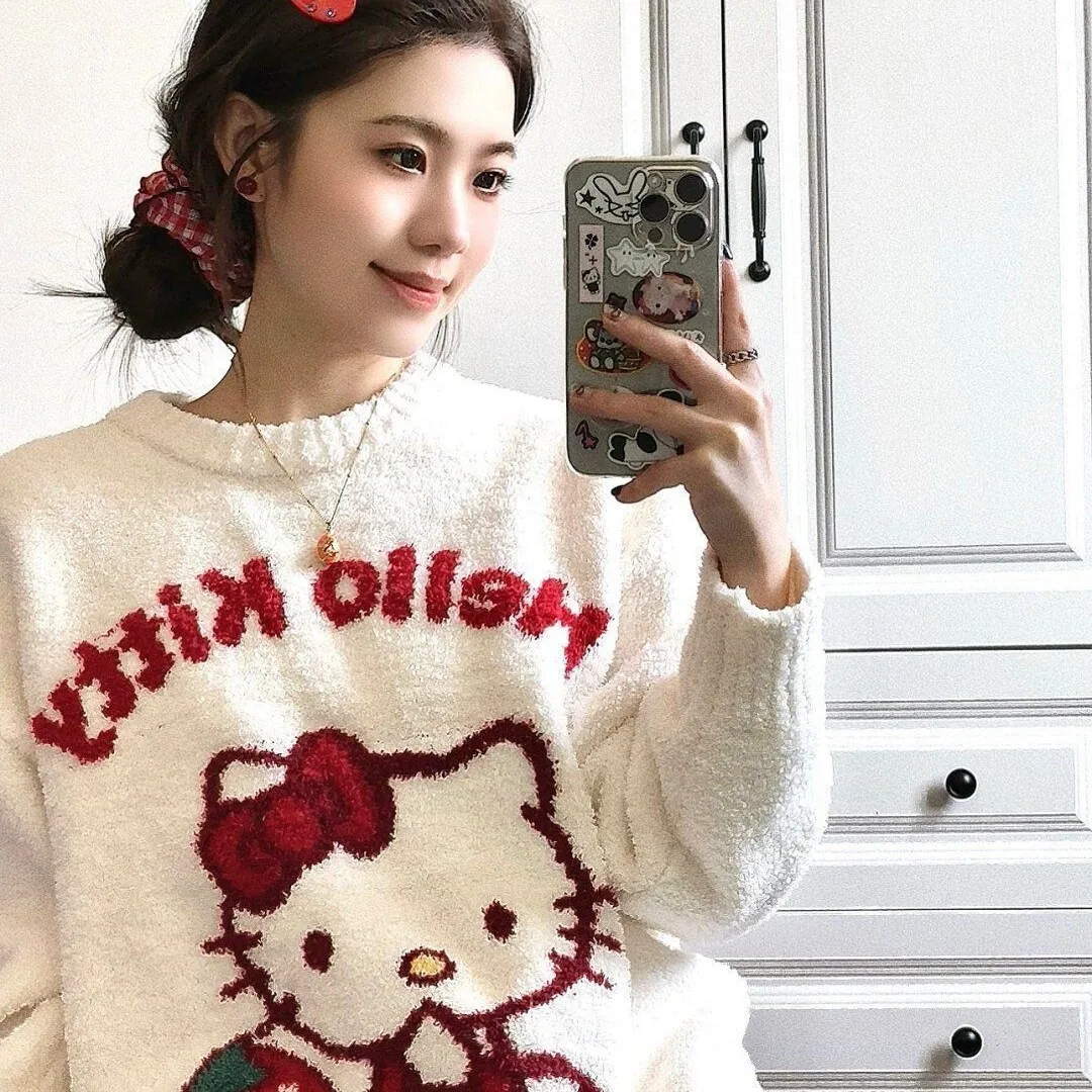 

New Kawaii Sanrio Half Velvet Women's Pajama Sets Winter Warm Cartoon Round Neck Long Sleeve Pants Pajamas Home Clothes