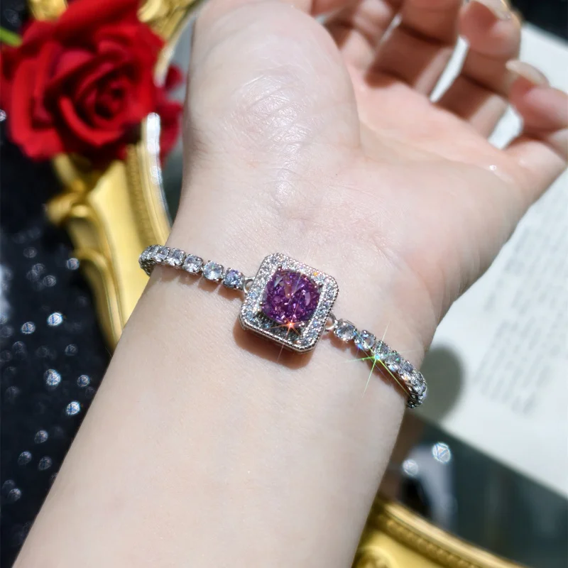 

Sparkling Square Pillow Shape Ice Flower Rose Purple Pink Zircon Bracelet Inlaid with Princess Cut High Carbon Diamond