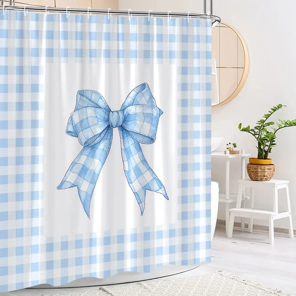 Tenda da doccia con fiocco blu carino, plaid a righe alla moda, regalo per le vacanze delle ragazze, tende da doccia in tessuto poliestere, arredamento per il bagno con ganci