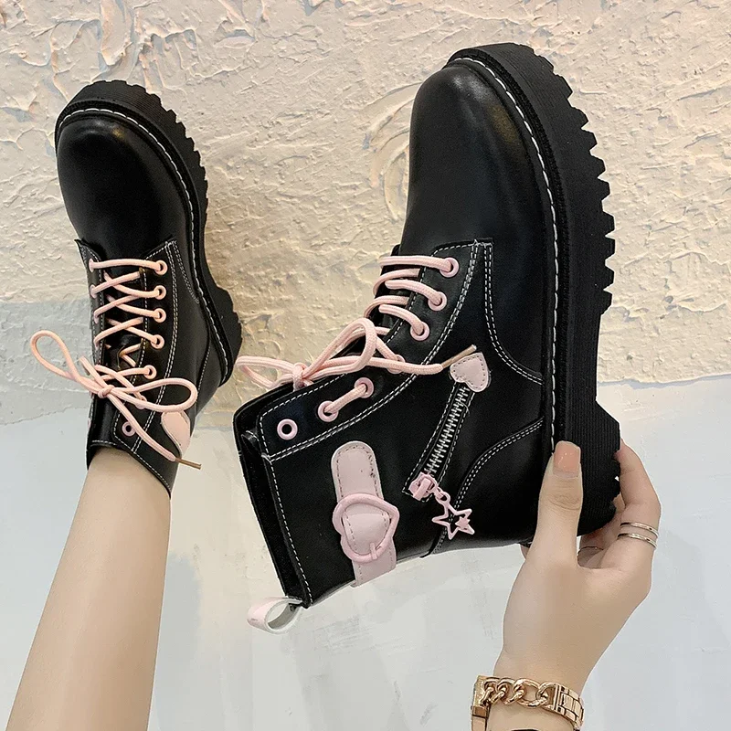 2023 Sweetheart Ankle Boots Lace-up Combat Boots 4Cm Chunky Heel Platform British Style Thick Sole Increase Height Casual Boots