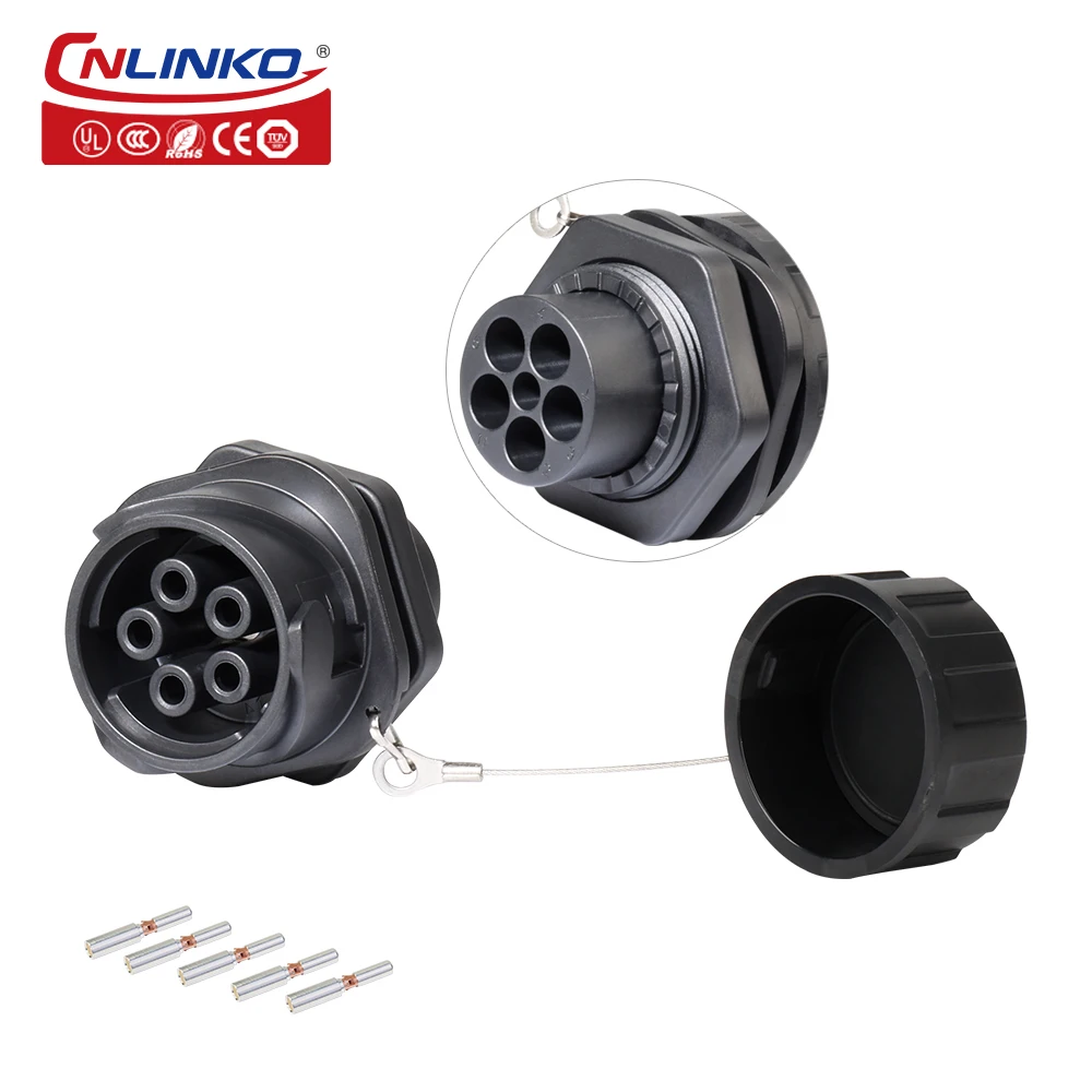 Cnlinko YM-28 IP68 พลาสติก 50A 500V AC อุตสาหกรรมวงกลมขั้วต่อสายไฟหญิง 5 พิน Connector กันน้ํา