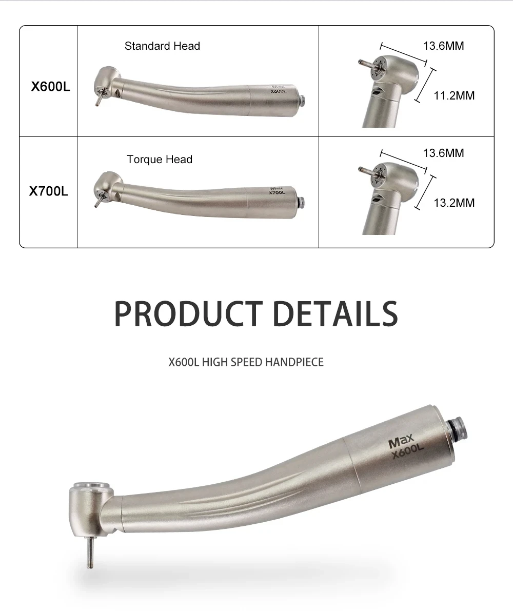 Dental Lab Equipment X600L X700L High Speed Ceramic Bearing Handpiece Air Turbine Standard Push Button Head With Optic Fiber