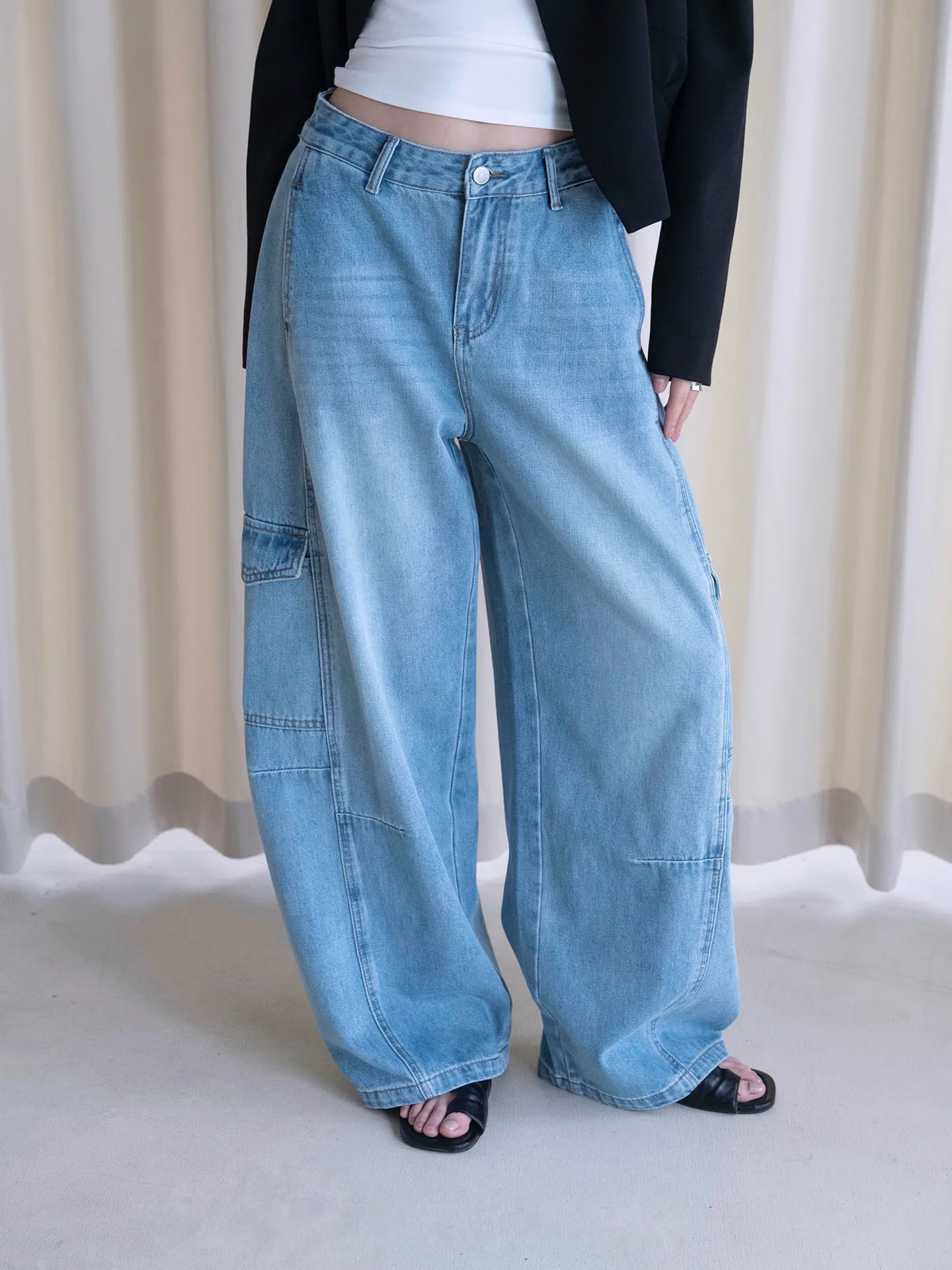 FANAN Women Light Blue Cargo Jeans High Waist Wide Leg Baggy Denim Pants Side Pocket Vintage Washed Loose Streetwear Trousers