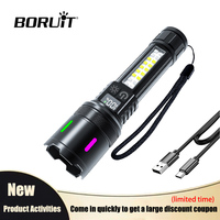 BORUiT Rechargeable LED Flashlight with Zoom Built-in 18650 Battery COB Side Light & Digital Display Torch for Outdoor Use