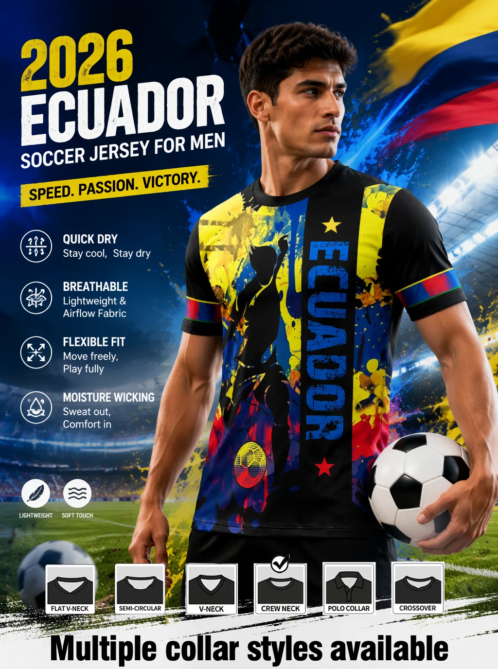 Ecuador themed football jersey,color‑splashed spliced design,star badge details,moisture‑wicking fabric,athletic fit