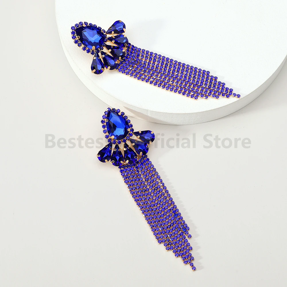 Shiny Inlaid Glass Elegant Alloy Long Tassel Earrings For Women Dinner Party Sexy Skirt Paired Ear Accessories Fashion Jewelry