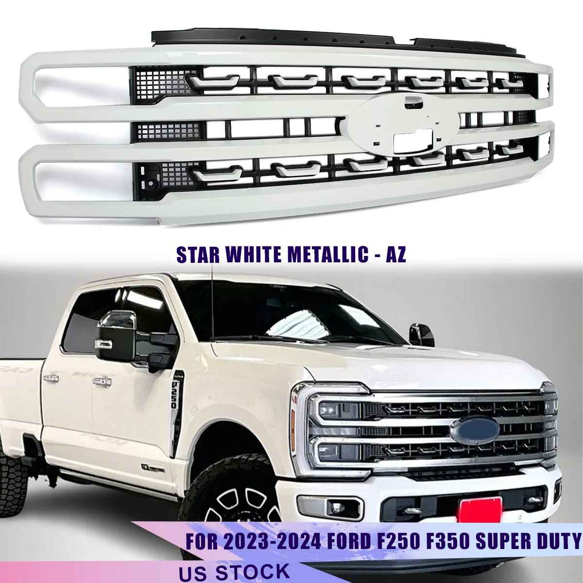 

Star White Metallic Front Grille For Ford F250 F350 Super Duty 2023-2024 Platinum Style Front Bumper Upper Grills Magickit