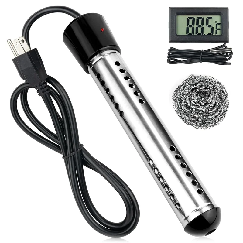 US Plug,Immersion Water Heater, 1500W Bucket Heater, Electric Submersible Water Heater with LCD Thermometer