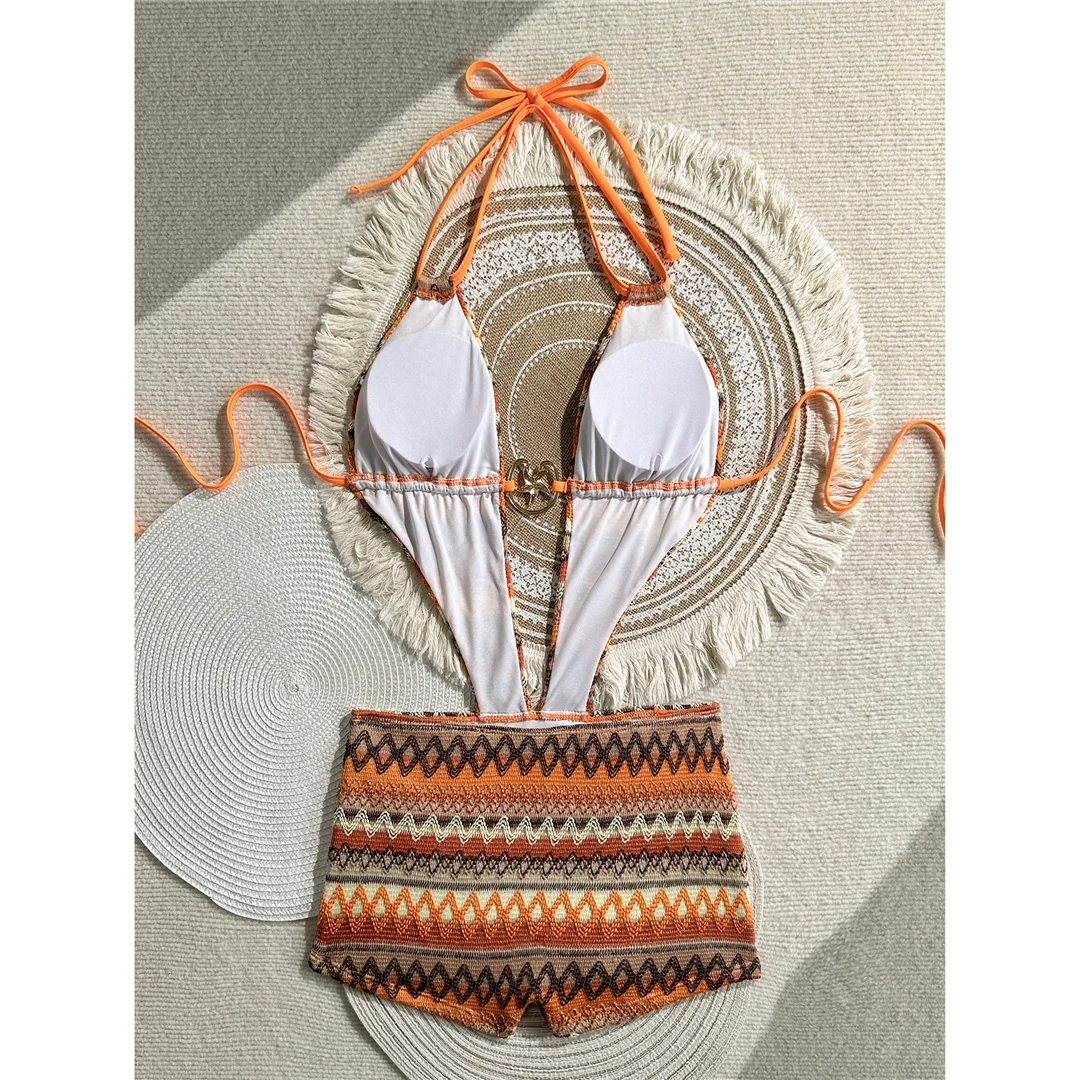 Sexy bedruckter Trikini-Badeanzug mit tiefem V-Ausschnitt für Damen, einteiliger Badeanzug, Damen-Badeanzug mit Neckholder, rückenfreie Shorts, Badebekleidung, Badeanzug V7960 – Detail 8