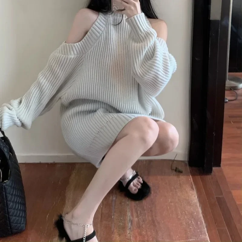 Elegant Off-The-Shoulder Sweater Dress Autumn Winter Korean Style Age-Reducing High-End Feel Dress Warm Idle Style