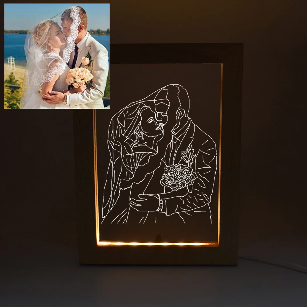 Customized Figure Acrylic Luminous Board Rectangular Wooden Frame USB LED Warm Light Couple Family and Friends Holiday Gifts